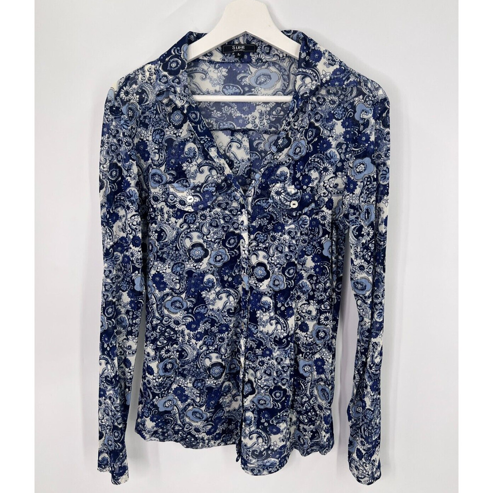 S Line Black Label Floral Shirt Top Blouse 100% Nylon Blue Women's Large